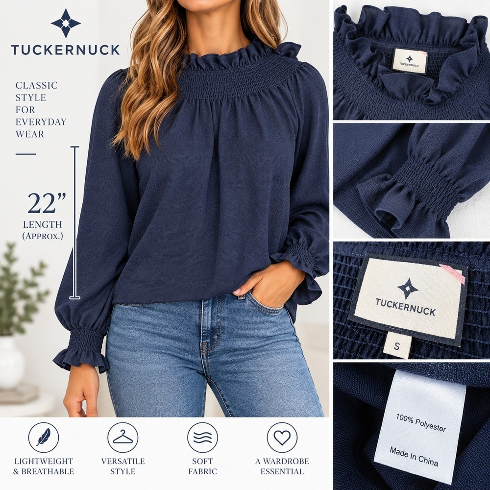 Tuckernuck Smocked Ruffle Neck Blouse Women S Navy Blue L/S Textured Top